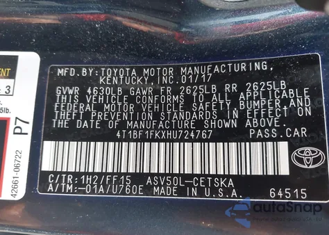 2017 Toyota Camry Se from USA, damaged, VIN 4T1BF1FKXHU724767